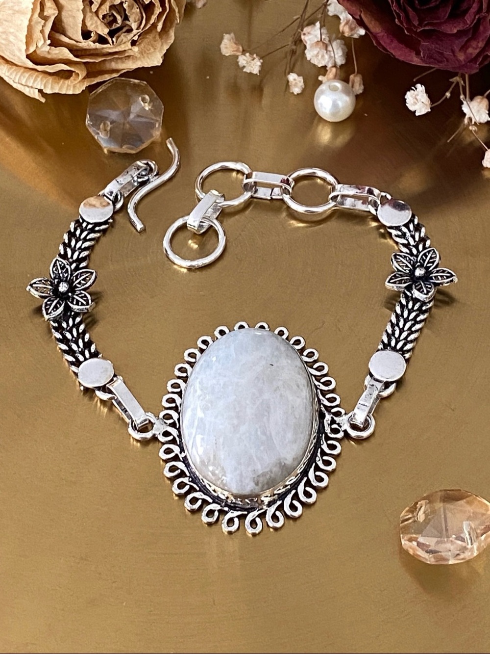 Natural Moonstone Handcrafted Flower Bracelet